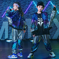 Costume de danse hip-hop pour enfants, bleu et violet, pailleté, tenue de scène de jazz, veste bomber brillante, ensemble de jogging