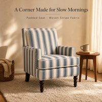 Fauteuil d'appoint rayé bleu et blanc, rembourré, avec garniture cloutée et pieds en bois, pour salon et chambre à coucher