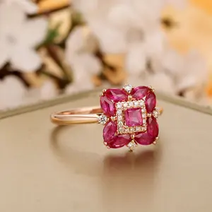 Customized 14k Solid Rose Gold Halo Design Art Deco Princess And Marquise Cut Natural Red Ruby Ring for Female