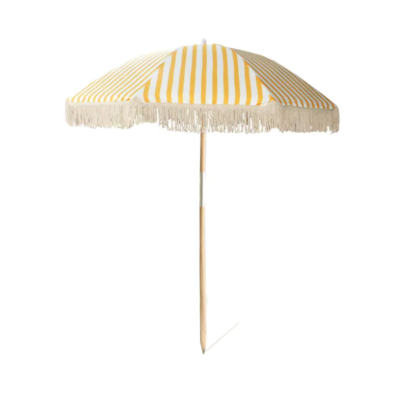 مظلة بعمود خشبي بشرابة للحدائق الخارجية بطراز مخصص مطبوعة ومزينة للعطلات والشاطئ ومظلة مع شرابات