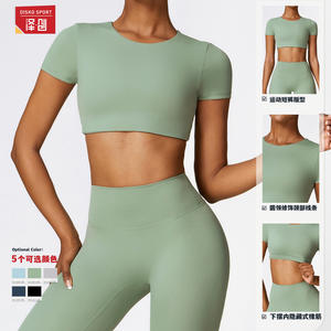 Haut de yoga sport Disko à manches courtes, col rond, couleur unie CDX8519, vêtements de fitness et d'entraînement - Product Image 4