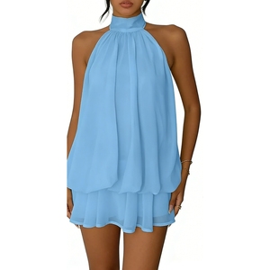 เดรสสั้นคอ halter สำหรับผู้หญิง แบบมีชั้น ซ้อนกัน แขนกุด เปิดหลัง ผ้าชีฟองพลิ้วไหว เหมาะสำหรับงานปาร์ตี้และใส่ในช่วงฤดูร้อน แฟชั่นเดรส - Product Image 4