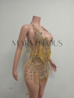Vestido de poliéster sexy mini sin mangas con cuello alto, cintura imperio, transpirable, con pedrería y borlas, ideal para cumpleaños o discoteca.