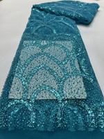 Tissu KC de luxe en forme d'éventail, avec paillettes, perles, dentelle en maille brodée, tulle infroissable et respirant pour mariage africain Aso Ebi