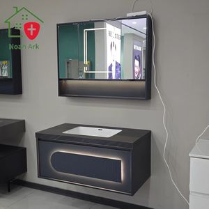 Minimal Grey Lacquer MDF Vanity Unit Diseño de lujo moderno Espejo inteligente Ecológico y duradero Resistente al agua Borde elegante - Product Image 4