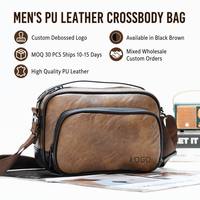 Tas Selempang Kulit PU Vintage Bentuk Kamera Pria, Tas Messenger Kecil Kasual, Banyak Kantong Resleting, Logo Custom Debossed