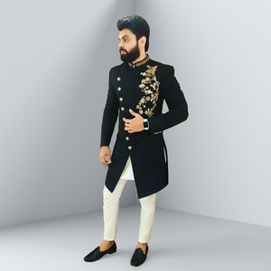 NEW--STYLISH---INDO-WESTERN--BLACK--SHERWANI with <b>Pant</b> WITH BEAUTIFUL ZARDOZI Embroidery for Party & WEDDING Dress @ 2022 - Product Image 2