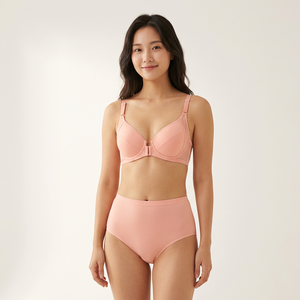 Ensemble de lingerie pour femme : soutien-gorge rose pêche à fermeture avant et culotte taille haute antibactérienne, facile à mettre et à enlever, doux pour le quotidien - Product Image 3