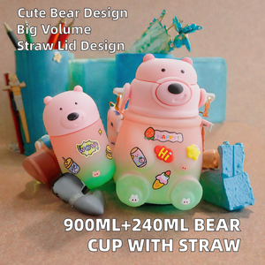 ORIGINAL Gradient Cartoon Bear Eco-Friendly Plastic Drink Bottle Set Straw <b>Cup</b> Lid Portable <b>Kids</b> Dishwasher Safe Boiling Safe - Product Image 2