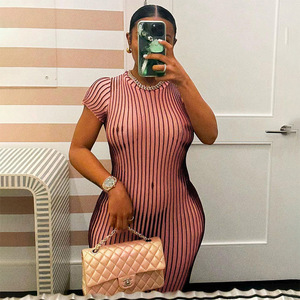 Loveda Venta caliente Vertical Stripe Print Mujeres Midi Vestidos <span class=keywords><strong>O</strong></span> Cuello Manga corta Bodycon Causal Vestido para damas - Product Image 3