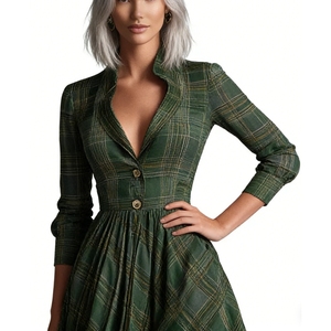 Vestido Maxi a Cuadros de Manga Larga para Mujer - Elegante Vestido Camisero Formal con Cuello en V Profundo y Vestidos Fluidos a la Moda - Product Image 4