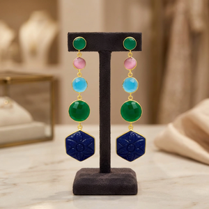 Pendientes Colgantes con Múltiples Piedras Preciosas, Aleación de Metal Precioso, Hechos a Mano, Chapados en Oro, Estilo Étnico, para Bodas - Product Image 3