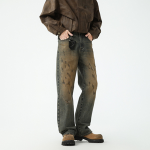 Vintage Distress Stone Wash Blue Straight Jeans Herren High Street Fashion Baggy <span class=keywords><strong>Denim</strong></span> Jeans Benutzer definierte Herren Whisker Designer Jeans