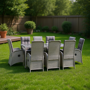 Conjunto de Comedor de Jardín de Mimbre Gris, 8 Plazas, Respaldo Multiposición, Muebles de Exterior, Diseño Contemporáneo, Estructura de Mimbre - Product Image 2