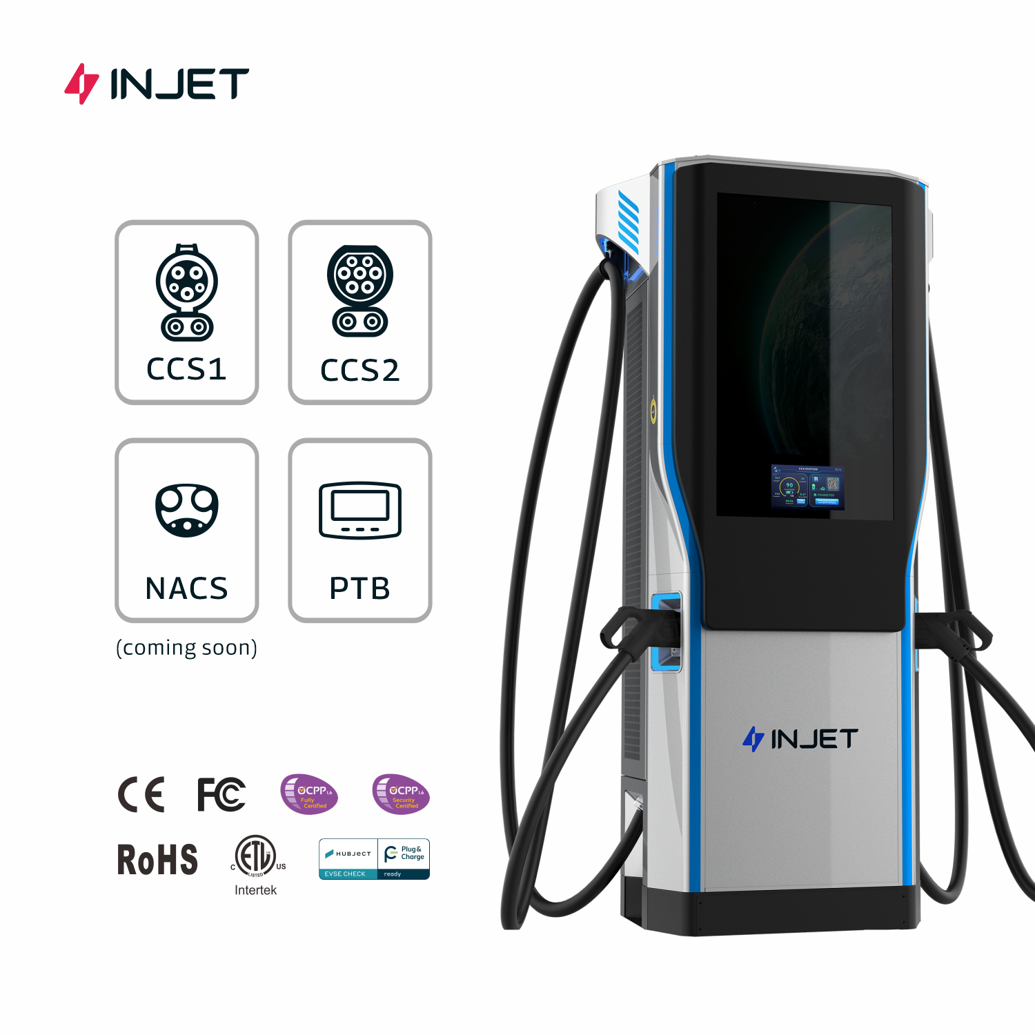 INJET Cargador DC Factory-Direct Super EV Charger 60-320kW Dual CCS 1/CCS 2 Interfaces Extra-Large Display Advertising Screen