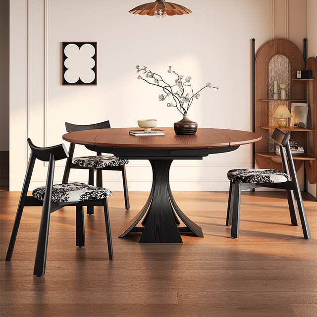 Solid Wood Extendable Round Dining Table With Support Structure For Dining Room