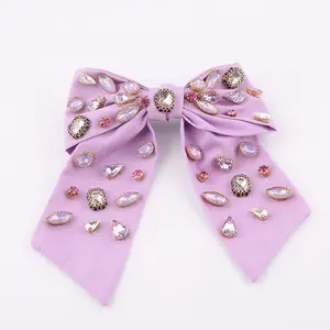 Pink Purple Crystal Luxury Custom Rhinestone Bow Pearl Clips Hair Pins Dream Bling Hair Clips