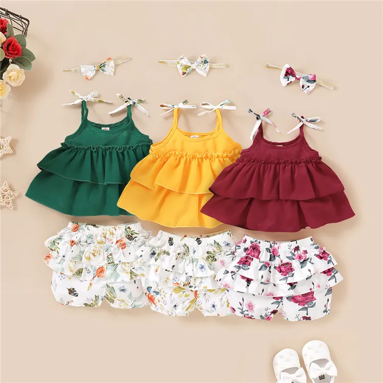 kids baby clothes sets clothing ruffled sleeveless solid chiffon top flower bloomers headband outfits baby girls skirt sets
