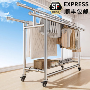 Séchoir à linge télescopique en acier inoxydable à double barre, sur pied, portable, pour balcon extérieur, avec roulettes - Product Image 3