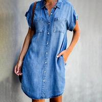 S-5XL nouvelle mode femmes Denim chemise robes revers bouton à manches courtes couleur unie Europe Style décontracté Midi longueur robe