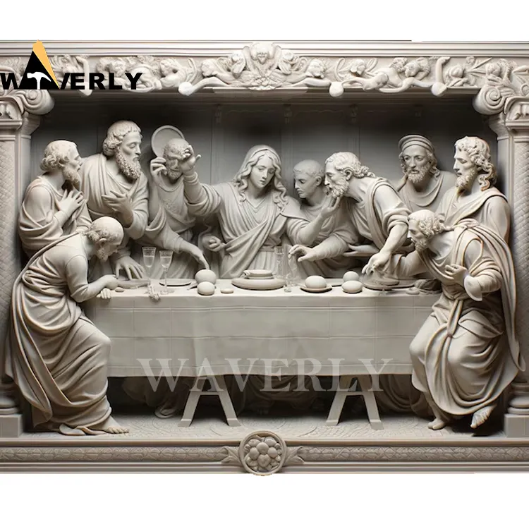 Venta al por mayor, decoración de pared personalizada, mármol blanco, relieve de pared, Relieves de piedra, escultura de la Última Cena