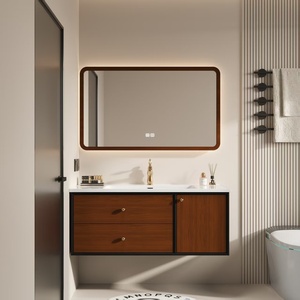 Modern Wood Tone Bathroom Vanity with LED Time Display <b>Mirror</b> Heat-Bent Integrated Basin <b>Wall</b>-Mounted Storage Cabinet - Product Image 1