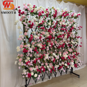 Nouvelle conception élégante : Mur de fleurs artificielles roses 8x8 pieds avec support pliable sur roulettes pour décoration florale de scène de mariage - Product Image 5