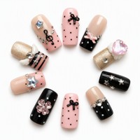 10 faux ongles carrés courts à presser, avec strass 3D, nœud et étoile, style French, pré-dessinés pour femmes