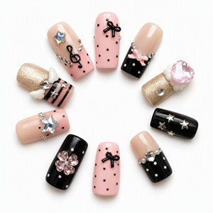 10 faux ongles carrés courts à presser, avec strass 3D, nœud et étoile, style French, pré-dessinés pour femmes - Product Image 3