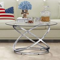 Table basse ronde en verre avec cadre en acier inoxydable et design en fer forgé, style américain, pour salon et balcon