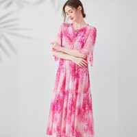 Robe longue décontractée en soie de mûrier 100% antistatique, imprimé floral romantique, coupe trapèze à volants, taille ample, idéale printemps-été