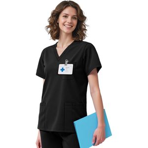 Blusa Médica con Cuello en V para Mujer, 4 Bolsillos, Elástica, Uniforme de Trabajo Médico, Uniforme de Hospital, Negra - Product Image 1