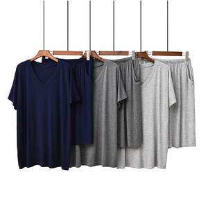 Pijama de manga corta con cuello en V para <span class=keywords><strong>hombre</strong></span>, ropa de dormir informal de <span class=keywords><strong>verano</strong></span> personalizada de 2 piezas, ropa de salón acogedora para el hogar, ropa de talla grande transpirable - Product Image 1