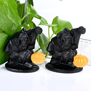 Hand Carved Natural Black Obsidian Yellow Calcite Pumpkin Polished <b>Crystal</b> Statue <b>for</b> Halloween <b>Gift</b> - Product Image 5