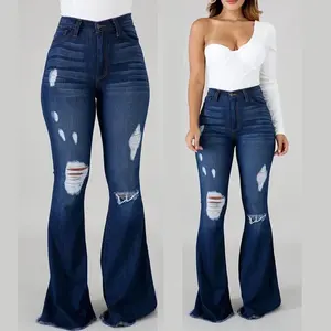Penjualan langsung dari pabrik Jeans Skinny elastik tinggi wanita celana panjang wanita pinggang sedang dengan lubang dan gaya menyala seksi
