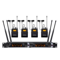 Système de monitoring intra-auriculaire sans fil UHF 4 canaux, émetteur montable en rack, 4 récepteurs bodypack, monitoring de scène stéréo