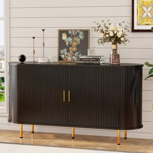 Buffet moderne à côtés cannelés avec rangement, table <span class=keywords><strong>console</strong></span> multifonctionnelle pour salon, <span class=keywords><strong>bar</strong></span> à café, porte en bois massif - Product Image 4