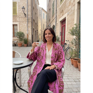 Chaqueta Larga de Algodón de Secado Rápido, Ecológica, con Bordado Floral Suzani, para Mujer, Estilo Boho, Color Rosa Orquídea, Marrón Umber - Product Image 1