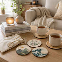 Ensemble de 4 sous-verres personnalisés en contreplaqué peuplier découpés au laser, motif vague d'eucalyptus, pour bar à domicile, table basse, cadeau, conforme CPSC, DDP