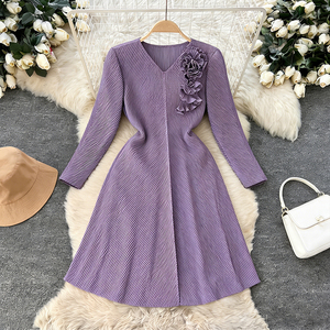 Stile coreano elegante <span class=keywords><strong>plissettato</strong></span> Maxi <span class=keywords><strong>abito</strong></span> da donna a tinta unita lunghezza Midi aderente da ufficio Casual per feste taglie forti cintura Chiffon - Product Image 1