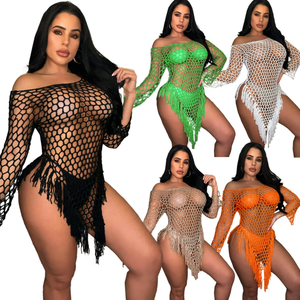 STOCK 5 couleurs hors épaule évider robe à la main Crochet plage couvrir franges voir à travers Caftan - Product Image 1