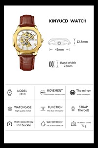 Montre mécanique automatique pour homme KINYUED, boîtier doré, bracelet en cuir, cadran squelette ajouré, double fuseau horaire, luxe, mode, vente en gros - Product Image 6
