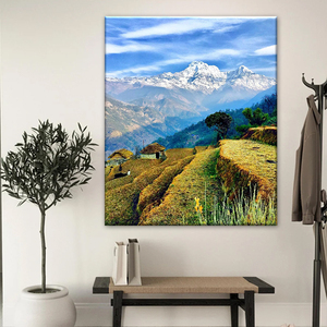 Hermoso paisaje terracotado nepalí con el Himalaya en el fondo, arte de pared impreso en lienzo para decoración del hogar. - Product Image 1