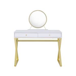 Coleen Modern Solid Wood White & Gold Finish <b>Vanity</b> Desk with Lighted Standing Mirror & Jewelry Tray - Product Image 3