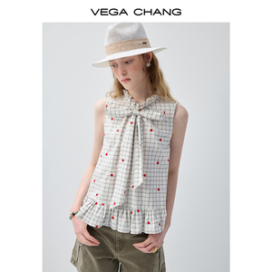 Chemisier sans manches à carreaux brodés en forme de cœur VEGA CHANG pour femme avec nœud papillon et ourlet à volants – Haut décontracté en gros - Product Image 5