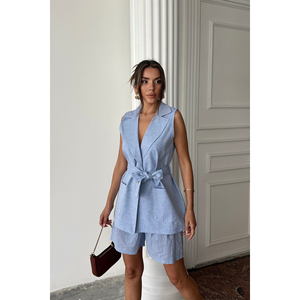 ชุดเสื้อกั๊กและกางเกงขาสั้นผ้าลินิน สีฟ้า ชุดฤดูร้อนสำหรับผู้หญิง ไซส์ S ชุดลำลอง - Product Image 5