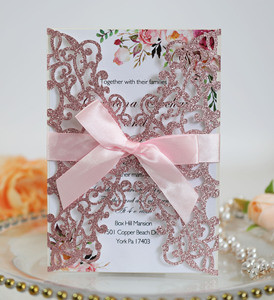 Tarjeta de Invitación de Boda o San Valentín DAMAI, Plateada con Diseño Floral Hueco y Lazo de Satén, Decoración con Corte Láser - Product Image 4