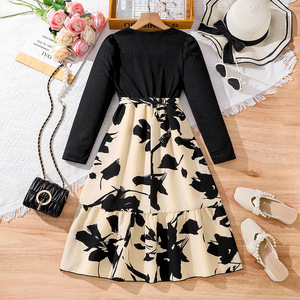 Kids Clothing Spring and Autumn <strong>Long</strong> Sleeves Black Top Floral Print Skirt a Line <strong>Long</strong> Midi Student <strong>Casual</strong> Daily <strong>Junior</strong> <strong>Dresses</strong>