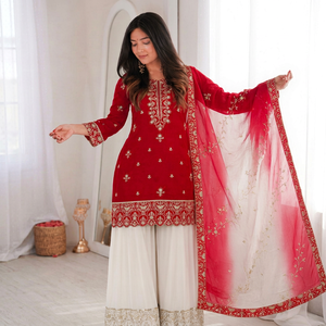 Traje Anarkali Tradicional Indio-Pakistaní Rojo Bordado para Mujer con Dupatta, Vestido Holgado de Algodón para Bodas y Eventos - Product Image 1