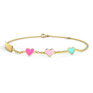 Braccialetto Personalizzato per <span class=keywords><strong>Bambini</strong></span> con Catena in Oro 18K e Barretta in Acciaio Inossidabile con Cuori Smaltati Colorati - Product Image 6